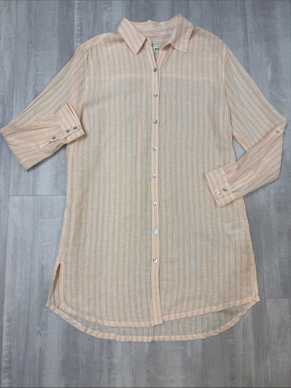 Calypso St. Barth Peach-White Striped Long-Sleeve Tunic Shirt Dress